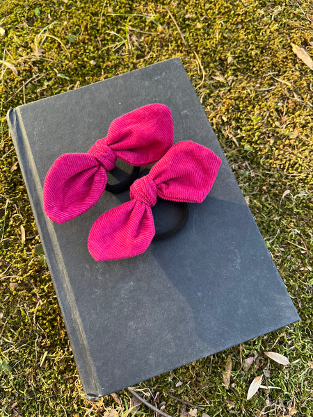 Raspberry Corduroy Bow Hair Ties - Fits All Sizes - Fall Boho Holiday Gifts